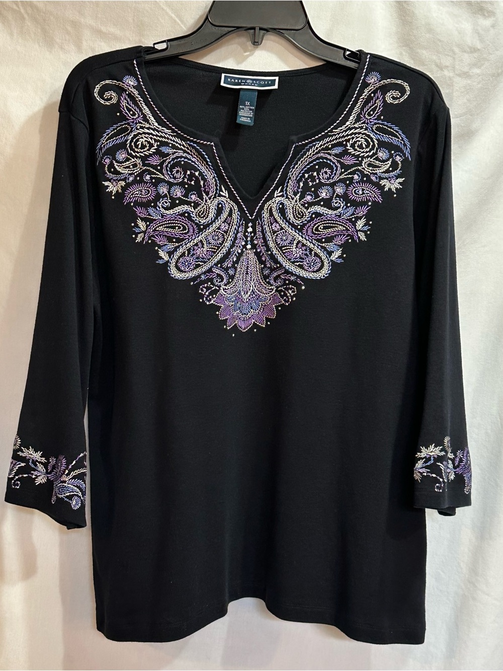Karen Scott Black V-Neck Top with Purple and Silver Embroidery